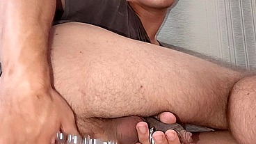 The hunk spread his legs and fucked his prolapse, cumming hands-free.