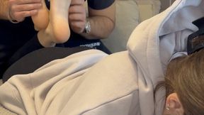 Sweaty foot worship after work