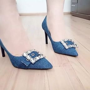 Crossdresser Walks in Sexy Blue Jeans Pointed Toe High Heels Pumps with Buckle