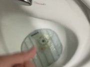Having a risky wank in public toilets with cumshot