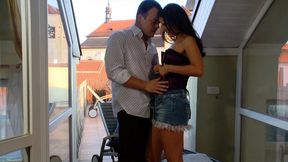 claudia rossi puts on a fuck show on a balcony and takes a full on facial