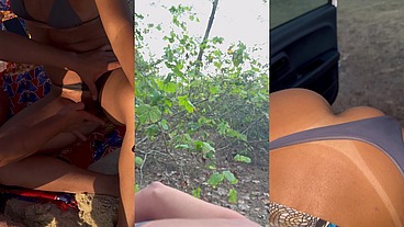 Dogging selvagem em vários lugares diferentes: praia, estacionamento, trilha e carro