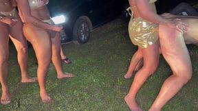 New Year’s Epic Gang Bang: 9 Horny TS Pound Me with DP & Cum Shower!