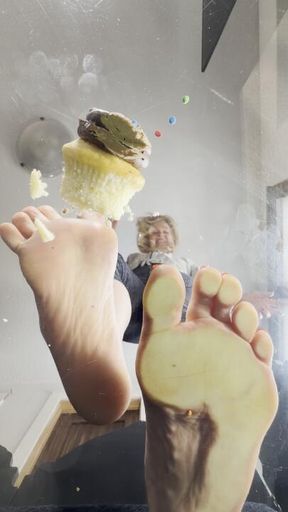 Food Crushing Giant Soles Chocolate Cupcake Glass View Bare feet