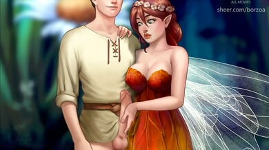 Slender fairy with natural large breasts mounts a man in a glowing forest fantasy