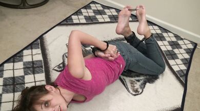 Handcuffed mom in toe cuffs begging with big boobs squirming