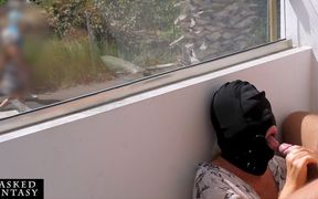 ABlowjob on Sunny Balcony Makes Him Cum in Her Mouth While Strangers Walking by, Not Knowing He Just Orgasmed All Over Her
