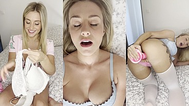 New lingerie and Huge Candy Dildo Solo Fuck