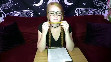 Redheaded college girl with mandala tattoo teases with big black dildo on webcam