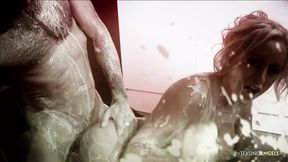 A racy photo shoot becomes messy once the blonde covers herself with food before banging