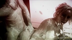 A racy photo shoot becomes messy once the blonde covers herself with food before banging