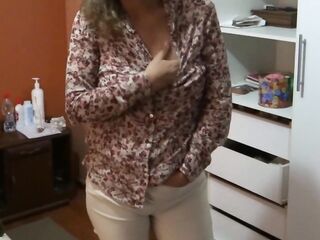 Mother acquiesces to show off in front of stepson so this chab masturbates and cums