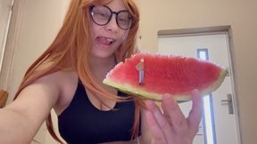 Giantess stepsister eats watermelon and tiny stepbrother watches her eat watermelon deliciously then giantess stepsister does camel toe pussy in mini shorts