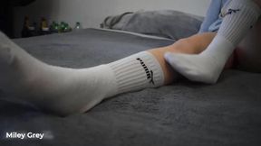 Hot blonde Miley Grey strips and teases with her feet