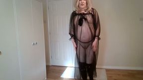 Black see-through gown with boots and fishnets