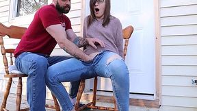 Bearded perv masturbates his gf's pussy on the porch till she squirts