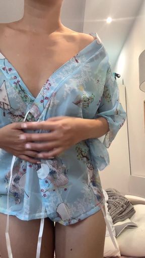 Curvy blonde pro reveals her natural kimono tits in a solo scene