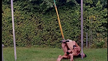 naked pathetic white slave outdoor testicles in humbler tied up, handcuffed, ready get