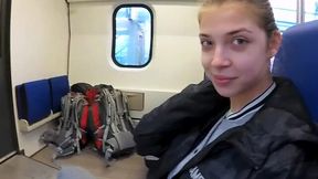 Skinny chick swallows oral cumshot on the public train