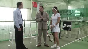 Slutty redheaded babe double penetrated on the tennis court