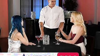 Kenna James and Jewelz Blu offer the waiter a babe three-way into an empty restaurant