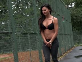 Stunning brunette teen babe with gorgeous pussy pisses in the tennis club