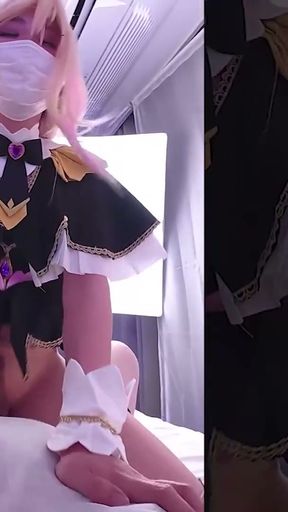 Cute Asian Femboy Arcana Shadow Cosplayer from Precure gives a sloppy blowjob and rides in cowgirl   Clip 1