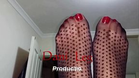Dani Leg in Black Dot Patterned Pantyhose with Hot Sexy Red Toenails
