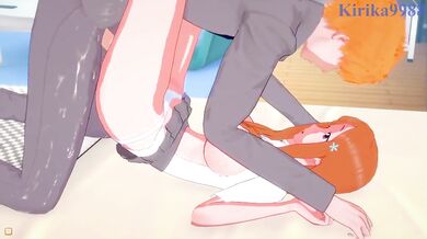 Orihime rides Ichigo's thick cock while his cum drips inside her creampie