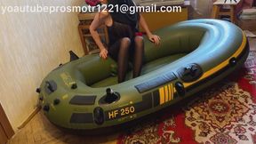 Nastya in black tights walks on an inflatable boat, steps on it, tramples it, pushes it, jumps on it, rubs against it, foot fetish, legs, inflatable, crush fetish