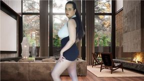 Femdom dancing, stripping, full nude dance, dominant music in the background.