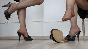 Shoeplay, Dangling & Walking in Pin Up High Heel Mules & Black Pantyhose (Shoe Collection) - Dame Olga 4K (727)
