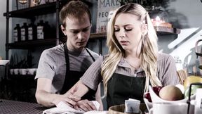 ”Petite blonde barista blows & fucks her cheating Boyfriend in the cafe”