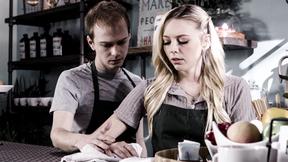 ”Petite blonde barista blows & fucks her cheating Boyfriend in the cafe”