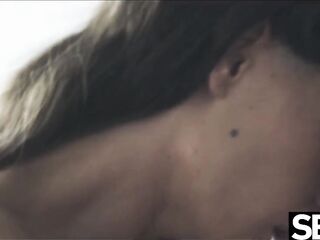 Brunette hair's large natural boobs jiggle as this babe sucks and screws