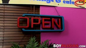 Young gay Jasper Robinson spitroast in passionate threesome