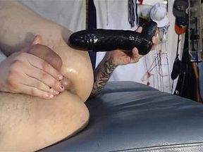 Bouncing Balls Deep On Big 12 Dildo While Stroking Nice Cock And Cumshot On Couc