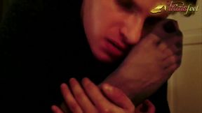 Trans is licking foot in pantyhose and masturbates