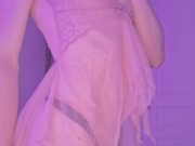 Naughty femboy in transparent nightie shows her chastity cage and tiny ass