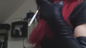 Smoking in nice leather dress