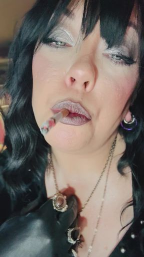 Black Haired Goth Smokes A Cigarette - BBW Tina Snua Smoking With Leather Gloves &amp; Jewellery