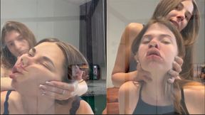 Nastya and Lisa press and squish each other’s faces against the glass (custom video)