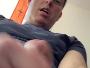 Jerking-off and cumming, close-up POV. View from under my balls, looking up. I eat my cum and smile!