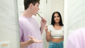 ”Kinky teen step sister takes off condom to fuck big cock step brother raw”