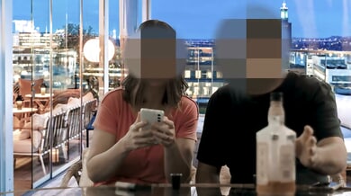 Brazilian-haired woman gives a spit-filled blowjob on a rooftop terrace