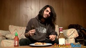 Devin Reynolds almost douses his plate with his own special mayonnaise after wanking