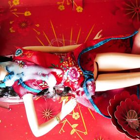 Chinese New Year Barbie in Cheongsam Satin Dress Cum Blasted