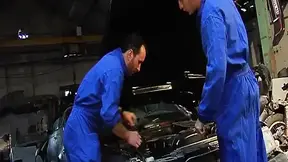 Attractive French babe double drilled in the mechanic garage