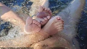 Wet step sisters' feet worshipped in public bathhouse threesome