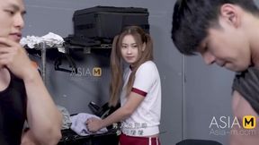 Petite Chinese teen masturbates in the locker room and sniffs Crash's T-shirt.